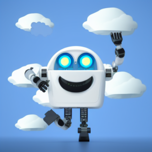 Happy robot flying in the clouds