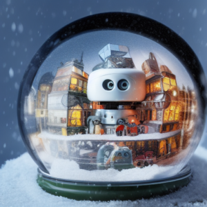 a robot in a snowglobe