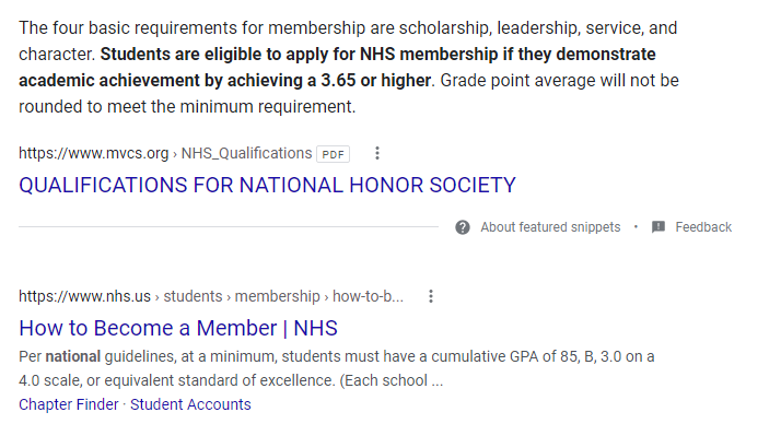 Google search for how to join national honor society