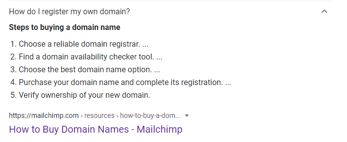 Google results for how to register a domain