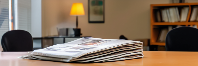 newspapers sitting on a desk in an office setting