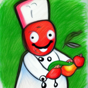 A happy chef holding some vegetables